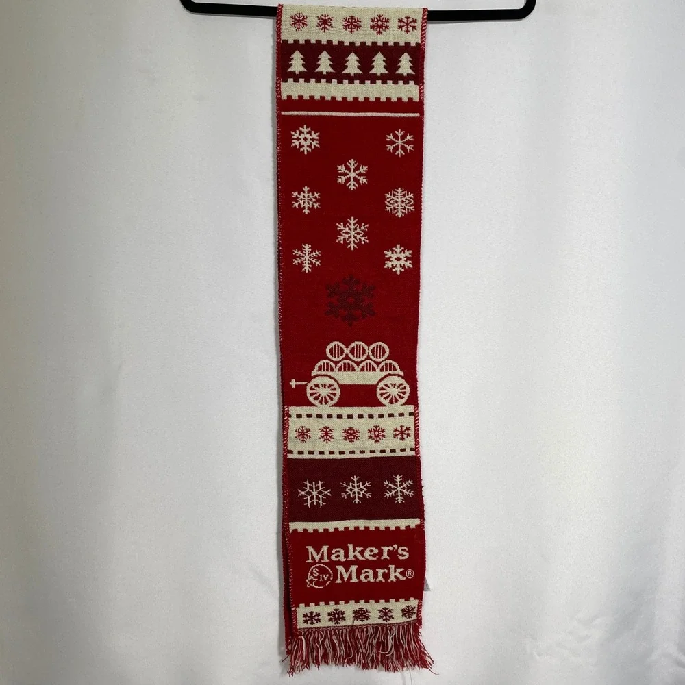 Maker's Mark Bourbon Whiskey Red Cream Snowflake Wagon Fringe Holiday Knit Scarf